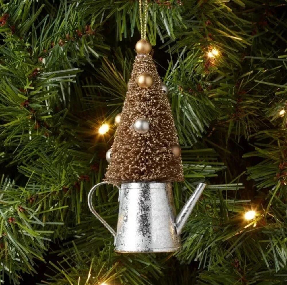 Metal Watering Can with Bottle Brush Tree Christmas Tree Ornament Silver/Brown